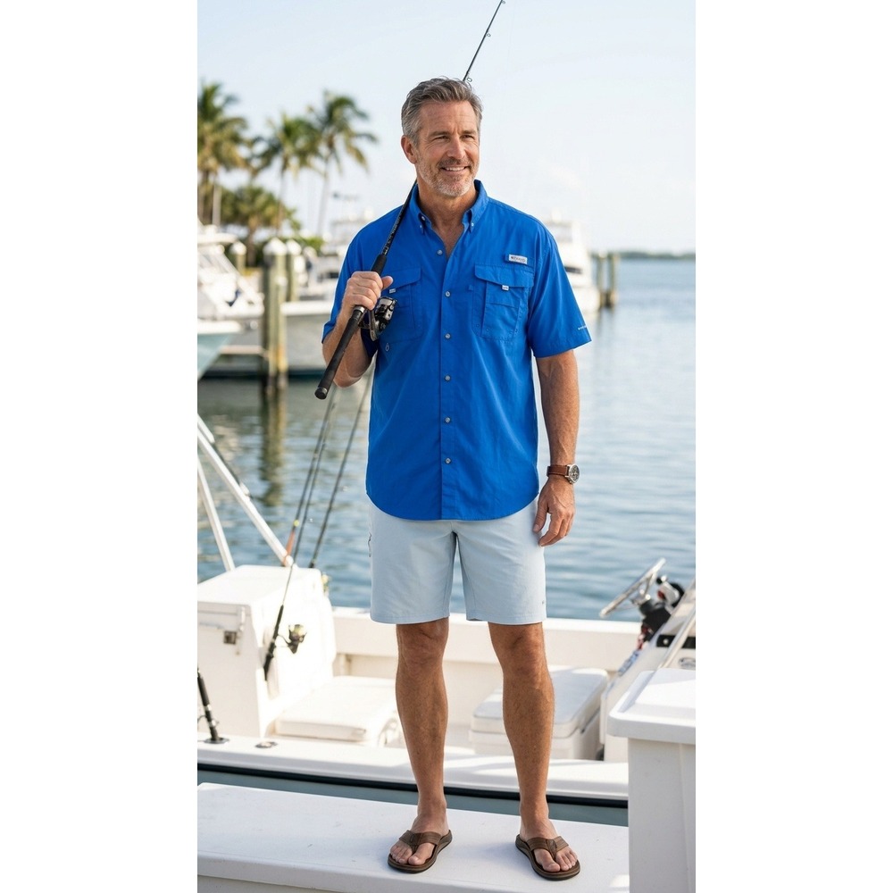 Columbia PFG Blue Short Sleeve Button Down Fishing Shirt XL XM7150 Tactel Nylon